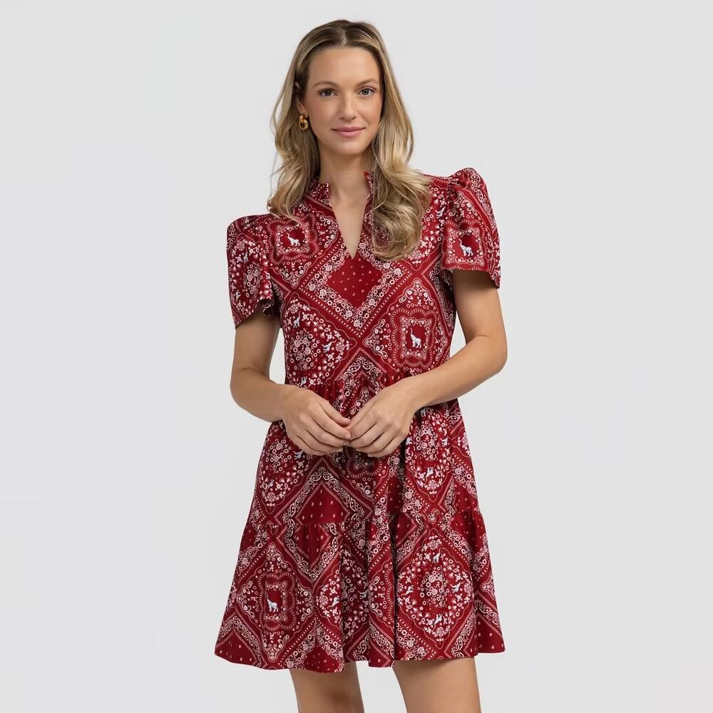 NWT Smith & Quinn Puff Sleeve V-Neck Mini Dress Alabama Bandana Women's XS